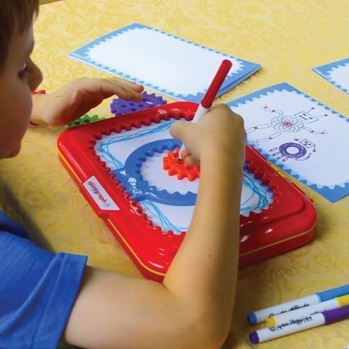 Spirograph Junior jumbo gears and washable markers displayed on the drawing workstation