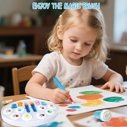 Toddler toy magic painting brush illuminating with clear ink being applied to special drawing paper.