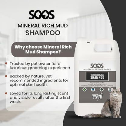 Cruelty-free and paraben-free certification icons on the Soos Pets shampoo bottle.