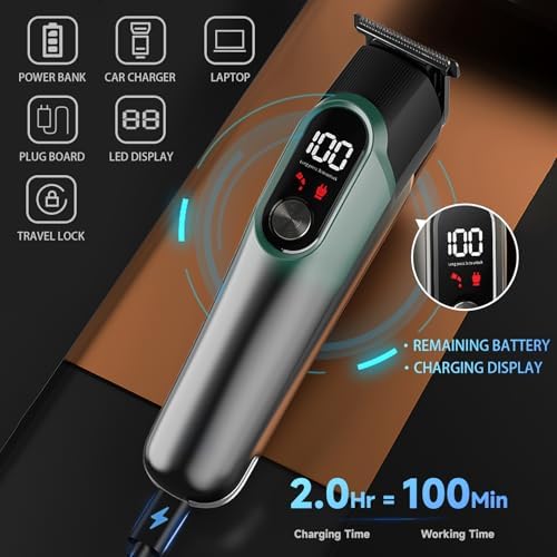 Amvonz cordless hair clipper with five interchangeable heads arranged on the storage stand