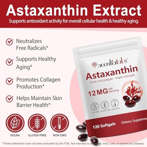 Side view of Zuzokkaha Astaxanthin 120 softgels listing natural microalgae ingredients.