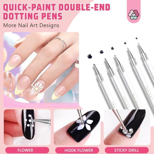 Five piece multi size dual tip marbling tools showcased next to finished salon quality nail art examples.
