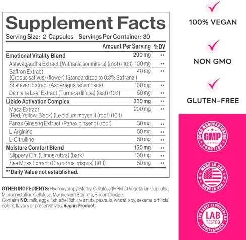 Side view of HerAurÃ© Vaginal Moisture bottle highlighting the 60 vegan capsules count.