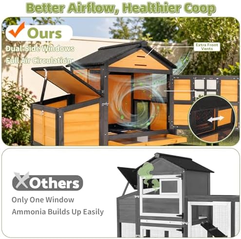Chicken Coop with Run for 4-6 Chickens, Outdoor Mobile Hen House with Wheels, Easy Clean Nesting Box and Tray, Waterproof Asphalt Roof, Better Airflow, Wooden Poultry Cage, Brown, 81.5"x25.6"x44.1" - Image 4
