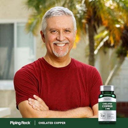 Piping Rock Chelated Copper vegetarian tablets in bottle side angle