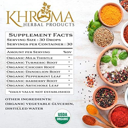 Khroma Herbal Products Liver Love ingredient label showing USDA Organic and alcohol free certifications.