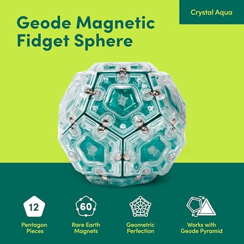 Speks Geode magnetic desk toy showing the twelve individual aqua pentagonal pieces separated.