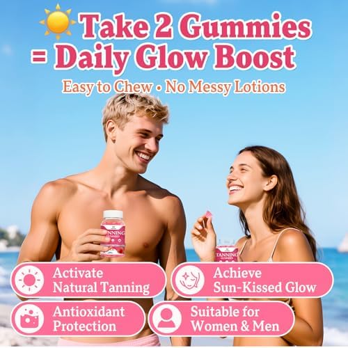 Close up look at the vegan sugar free strawberry flavored tanning gummy chews for skin radiance.