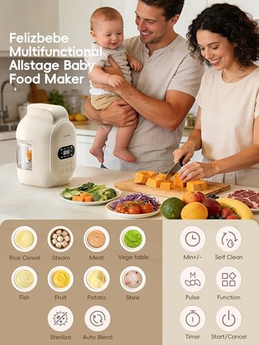 Felizbebe baby puree maker with touch panel options highlighting automatic steaming and blending features