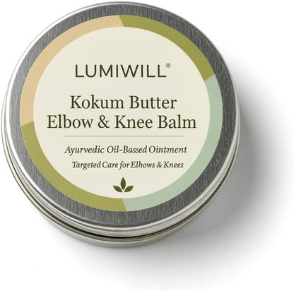 Breemetic Lumi Will Kokum Butter Elbow and Knee Balm front view of silver metal tin.