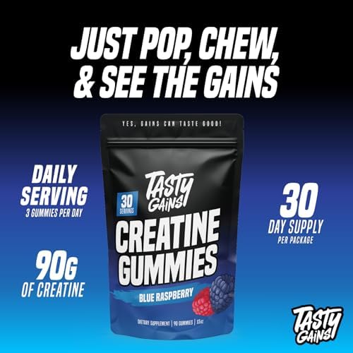 Tasty Gains Creatine Gummies packaging details and benefits