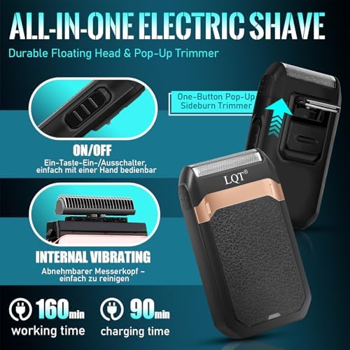 Side view of the ergonomic LQT cordless grooming shaver highlighting the detailed unique scissors logo engraving.