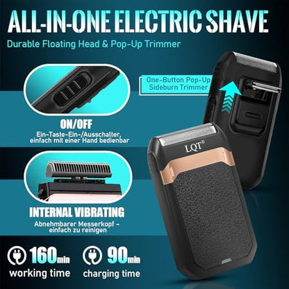 Side view of the ergonomic LQT cordless grooming shaver highlighting the detailed unique scissors logo engraving.