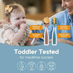 Demonstration of thick puree food clinging to the channeled head of the stage two toddler spoon.