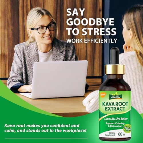 Liquid kava drops dietary supplement packaging highlighting organic relaxation blend.