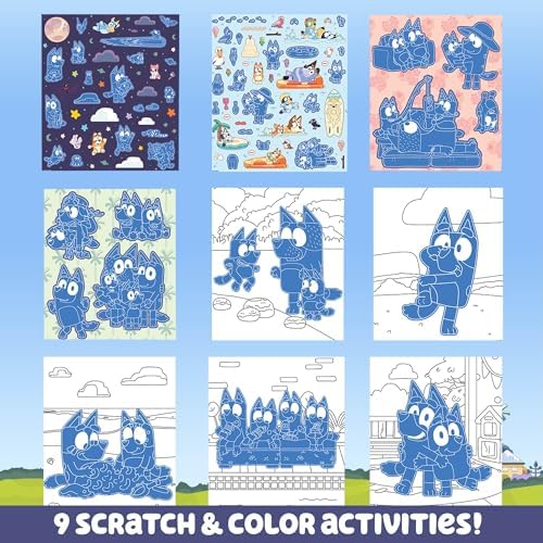 Bluey scratch art book showing the custom scratching coin and sticker sheets