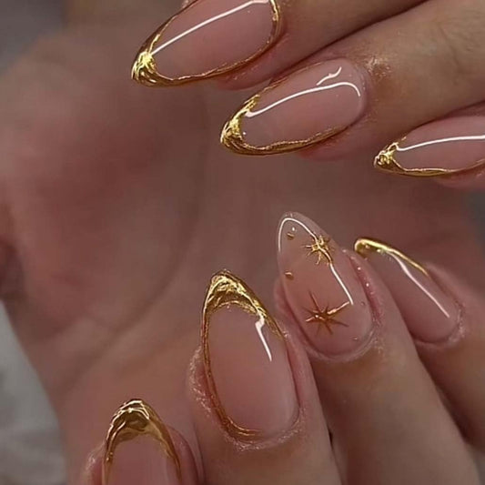 Tarini Foccna almond press on nails with gold line design front view