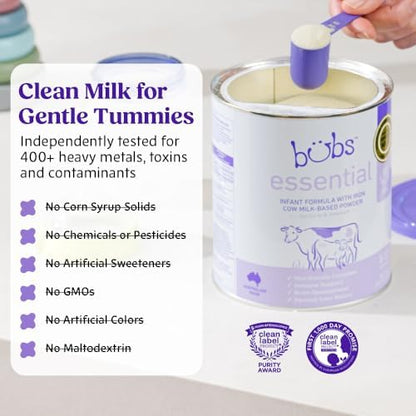 Bubs Essential 20 ounce baby formula canister highlighting clean label purity award logo