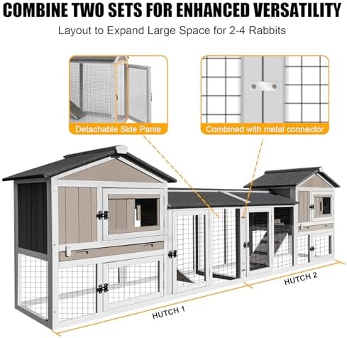 PetsCosset 114" L Rabbit Hutch Indoor and Outdoor 2-Story Rabbit Cage with Pull Out Tray,Fir Wood Guinea Pig Cages with Wooden Ramp,Waterproof Bunny Cage Indoor Bunny Hutch with 2 Asphalt Roofs,Grey - Image 4