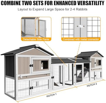PetsCosset 114" L Rabbit Hutch Indoor and Outdoor 2-Story Rabbit Cage with Pull Out Tray,Fir Wood Guinea Pig Cages with Wooden Ramp,Waterproof Bunny Cage Indoor Bunny Hutch with 2 Asphalt Roofs,Grey - Image 4
