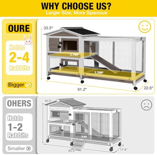 Aivituvin Rabbit Hutch 62" Rabbit Cage Indoor Outdoor Chicken Coop Guinea Pig Cage on Wheels Bunny Cage with 3 Deep No Leakage Pull Out Tray,Waterproof Roof (Brown) - Image 3