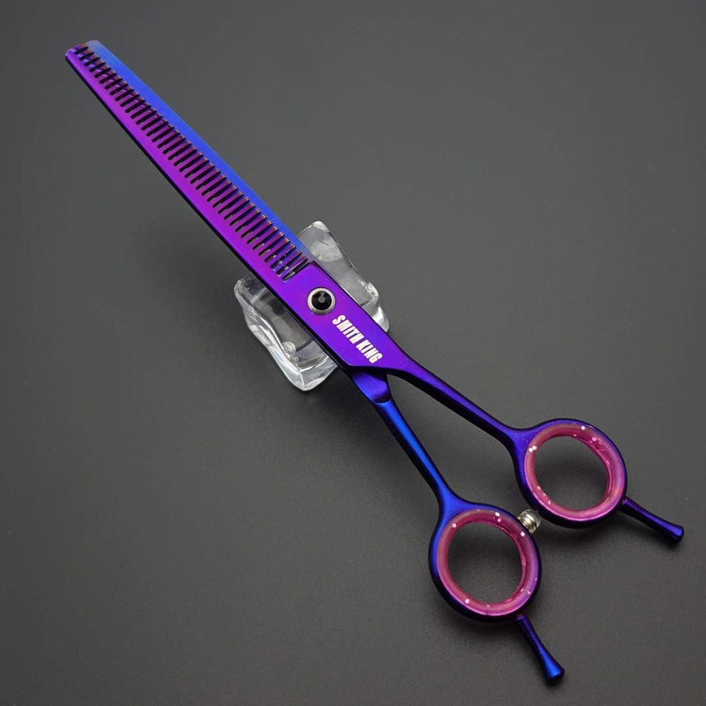 Purple electroplated professional pet shears with pink silicone finger ring inserts