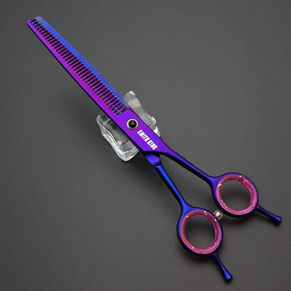 Purple electroplated professional pet shears with pink silicone finger ring inserts