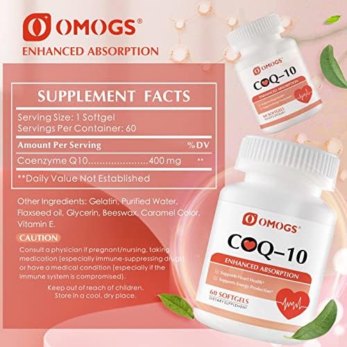 OMOGS coenzyme Q10 supplement supplement facts panel detailing high absorption ingredients