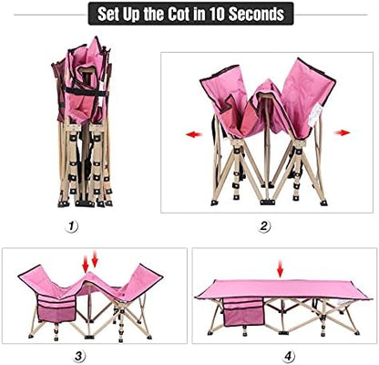 REDCAMP portable toddler travel bed collapsed being placed into a pink storage carry bag
