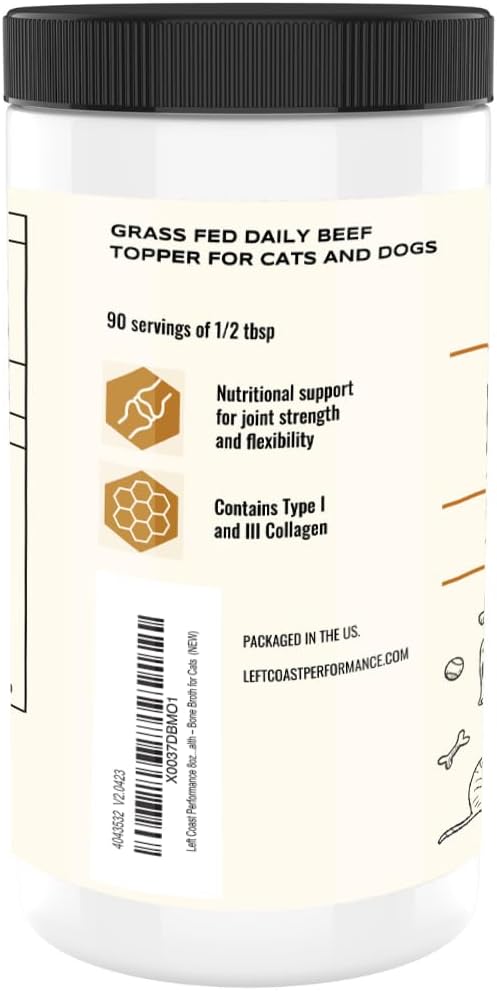 Left Coast Performance human grade bone broth for cats and dogs joint health supplement