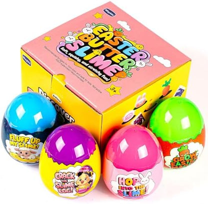 Open plastic eggs revealing vibrant pink, purple, green, and blue butter slimes with matching glitter packs.