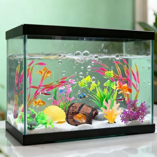 Assorted two to eight inch tall artificial aquarium plants with sturdy anchoring bases.