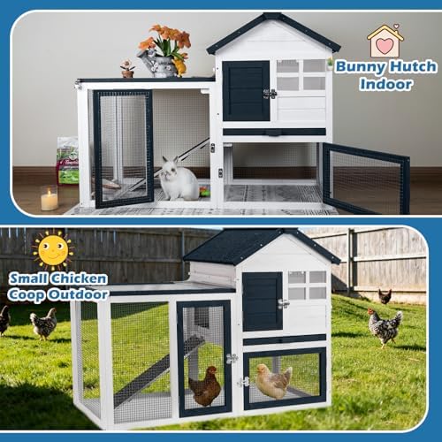 FunXplore Bunny Hutch Indoor Outdoor Rabbit Cage Chicken Coop Animal House with Wire Floor Above Pull-Out Tray, Chew-Resistant Ramp & Entrance, Openable Waterproof Roof & UV-Resistant Roof - Image 7
