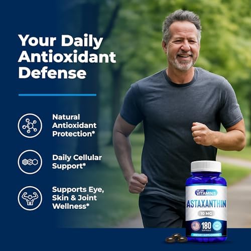 Close-up of USA-imported health supplement bottle highlighting ten milligrams astaxanthin serving size details