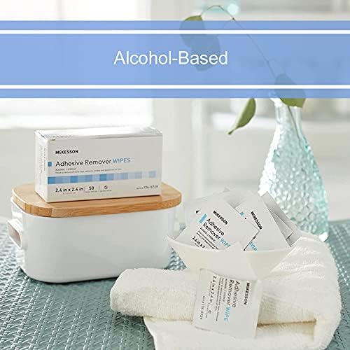 Close up of the 2.4 inch square adhesive remover wipe texture and packaging.