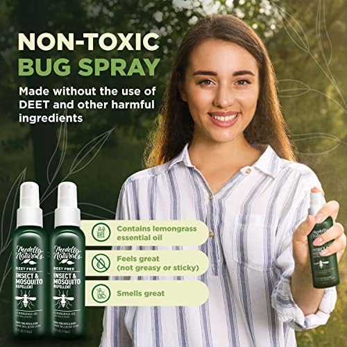 Plant-based natural bug spray bottle with lemongrass oil ingredients for family safety.