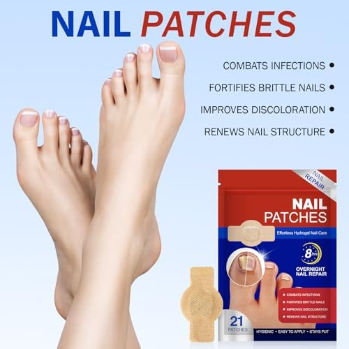 Translucent extra strength fungal nail corrector patch on a clean toe