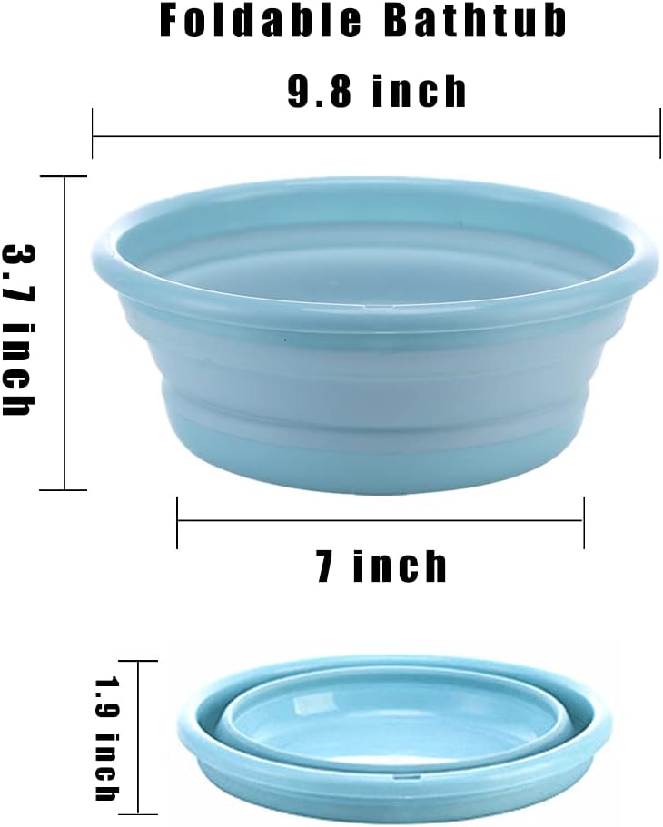 Blue collapsible small pet bathtub shown in both expanded and flattened positions.
