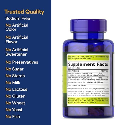 Close up of the rapid release softgels next to the Puritan's Pride premium garlic and parsley bottle.