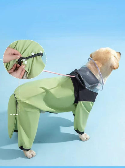 Adjustable dog rain jacket showing leash hole design for medium dogs