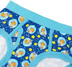 Toddler combed cotton underwear pack with character prints arranged next to the packaging