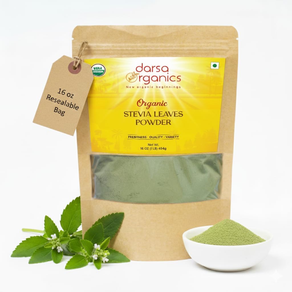 Darsa Organics Pure Stevia Powder front view of resealable bag packaging