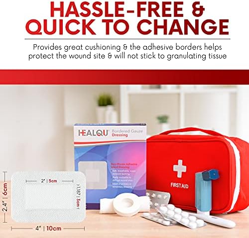 Individually wrapped sterile medical gauze dressing showing the water resistant adhesive backing