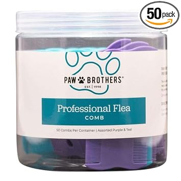 Paw Brothers Professional Flea Comb bulk tub front view showcasing purple and teal pet grooming brushes.