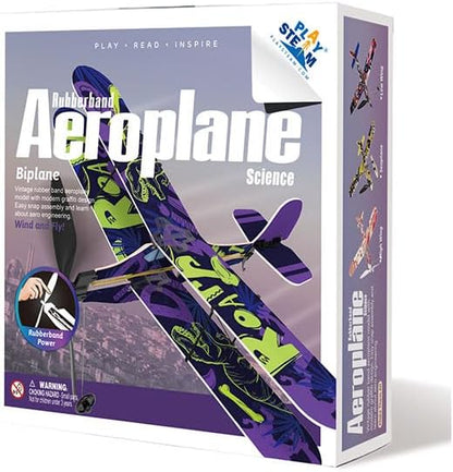 PLAYSTEAM Rubber Band Aeroplane Biplane STEM Kit front view showcase packaging