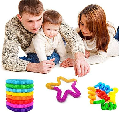 Assorted non toxic plastic pop tubes arranged to showcase the variety of bright colors in the box