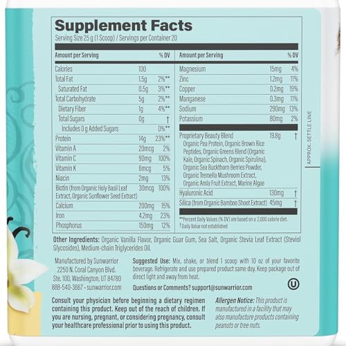 Sunwarrior Tahitian Vanilla collagen powder tub showing 20 servings size