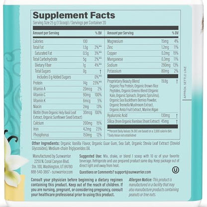 Sunwarrior Tahitian Vanilla collagen powder tub showing 20 servings size