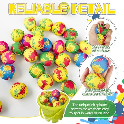Close up of vibrant neon colored soft water bombs with ink splatter patterns.