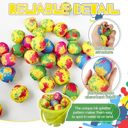 Close up of vibrant neon colored soft water bombs with ink splatter patterns.